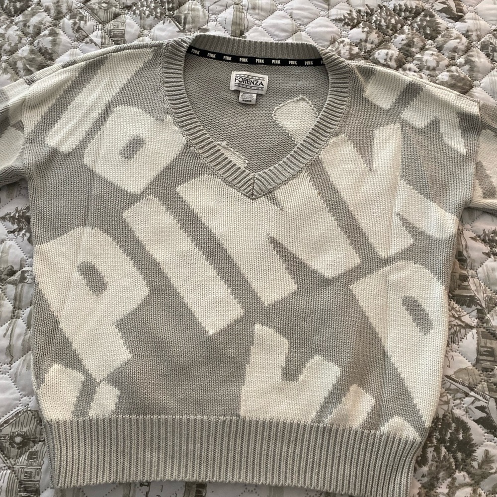 PINK Gray and White V-Neck Sweater